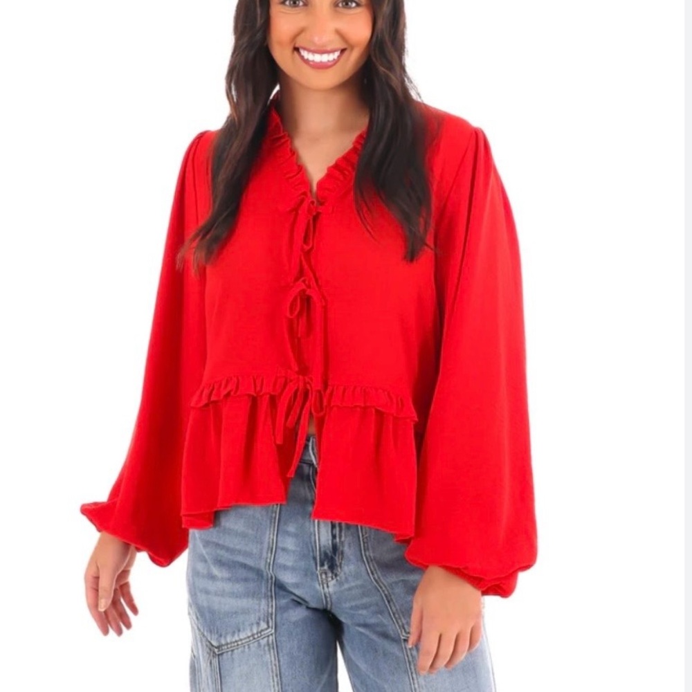 JODIFL Vibrant Red Flutter & Flow Peplum Ruffle Blouse